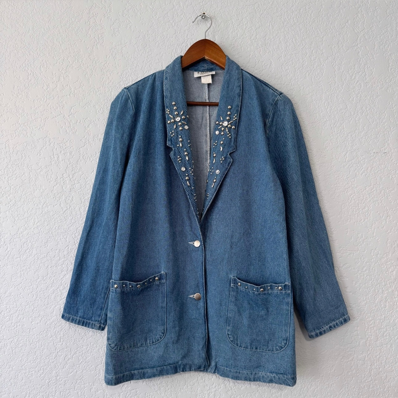 Pado Vintage Embellished Blue Denim Jean Blazer Jacket Size Medium